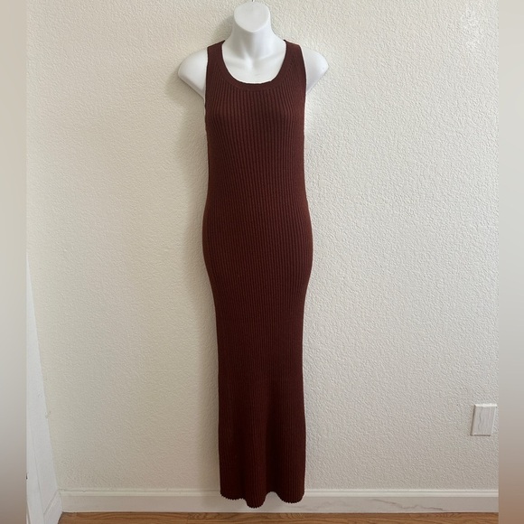 Anthropologie Elle Ribbed Cross Back Rust Brown Stretch Bodycon Dress Sz Medium - Picture 2 of 7